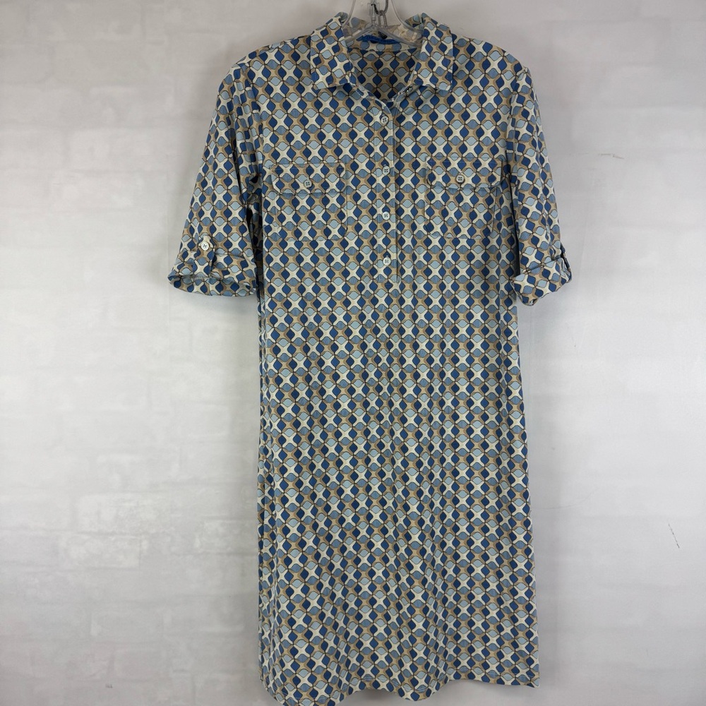 J McLaughlin Catalina Cloth Shirt Dress Womens S Blue Tan Geometric Stretch Knit